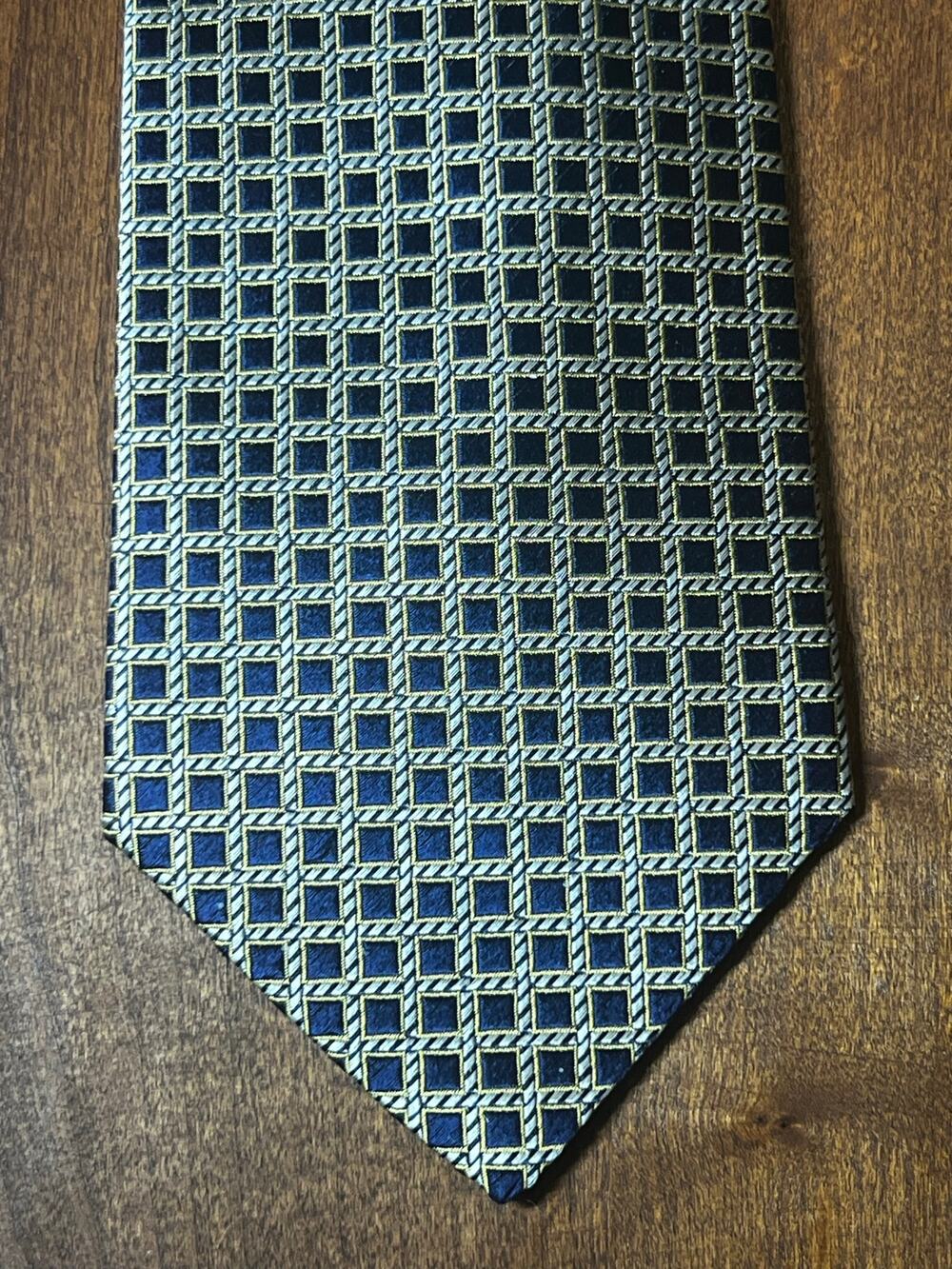 Tango Men's All Silk Tie Navy Blue Gold Geometric Squares Necktie 57" x 4"